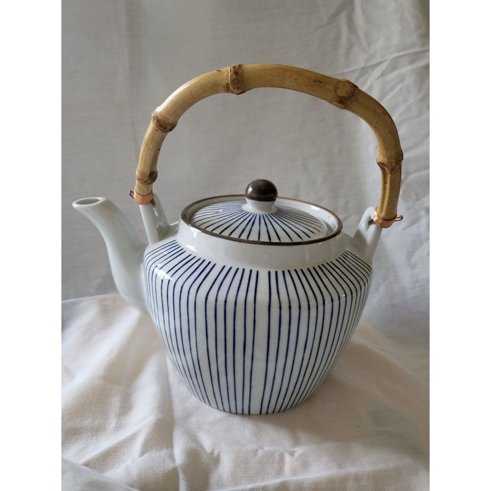 Vintage Japanese Blue & White Striped Teapot with Bamboo Handle and Lid